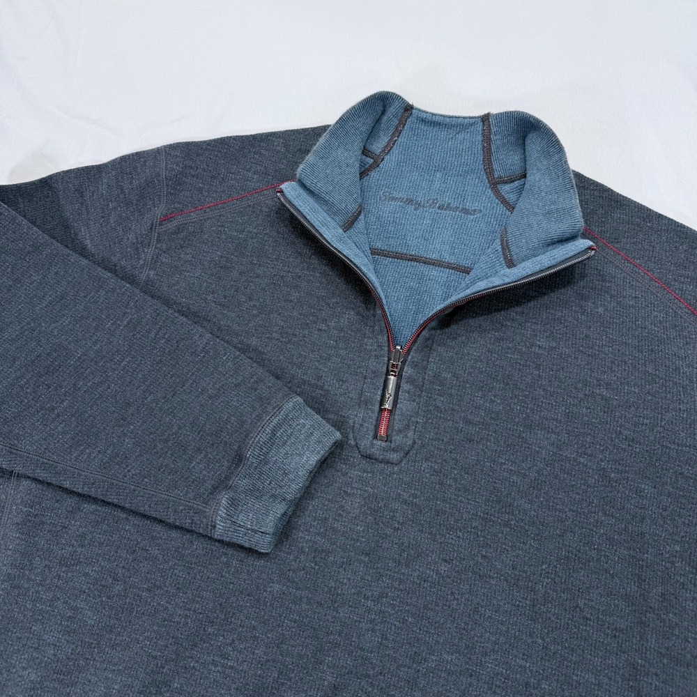 Tommy Bahama Reversible 1/4 Zip Sweater‎ Pullover Mens XL Gray Blue Long Sleeve